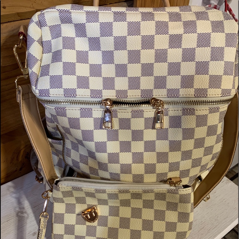 Gray and White Checkered Convertible Backpack